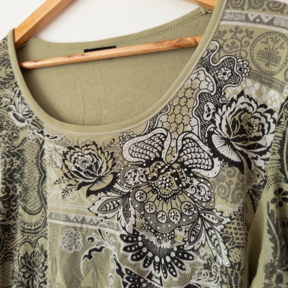 Y2K Green Paisley Rhinestone Top Womens Plus Size‎ 1X Boho Fairy Grunge Romantic - Picture 2 of 8